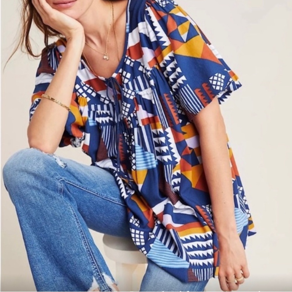 Anthropologie Sz M Porridge Printed Tasseled Tunic Top EUC